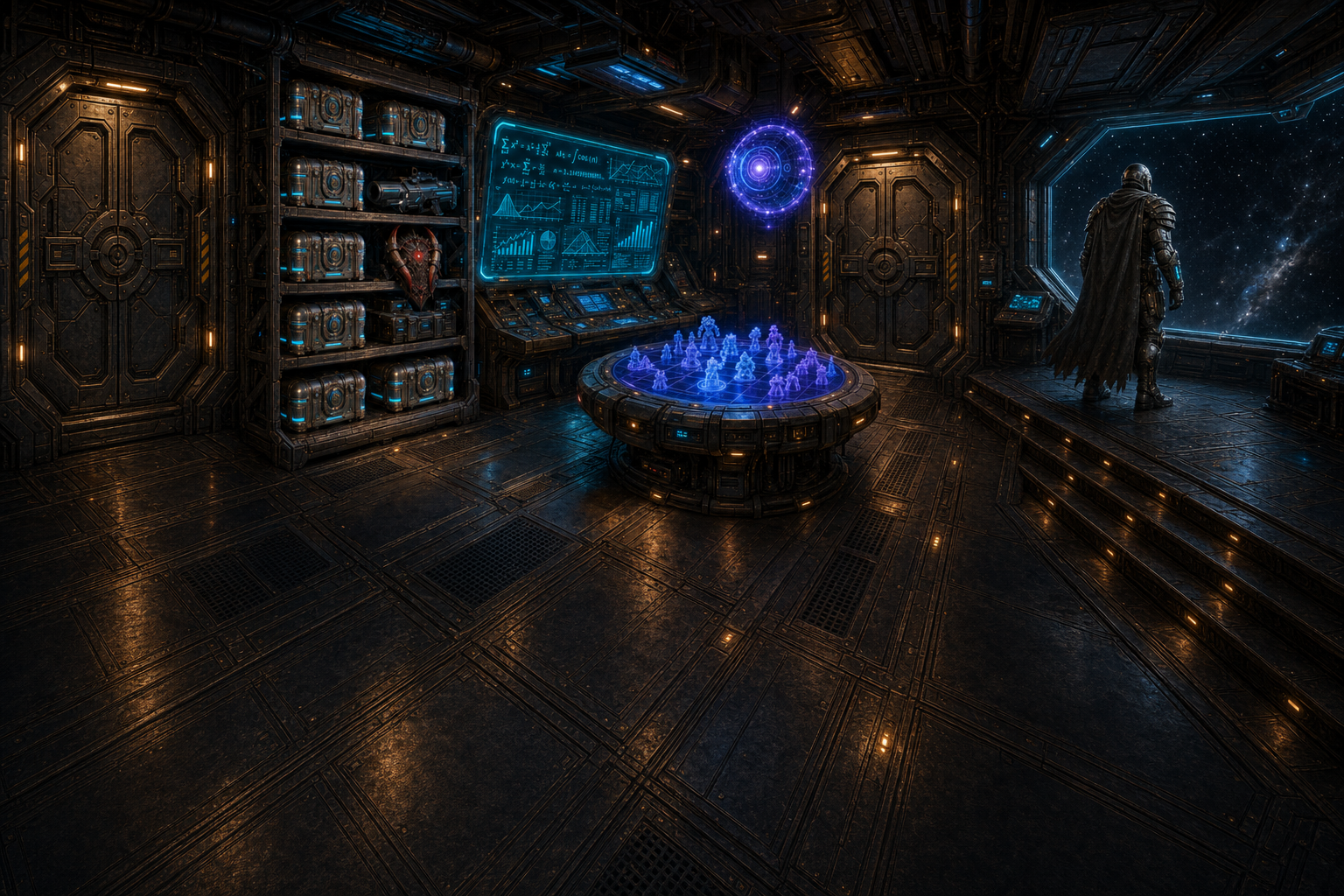 Spaceship cargo bay: Quantum Chests shelf and equipment, holographic command console, tactical table, ship AI, and armored door