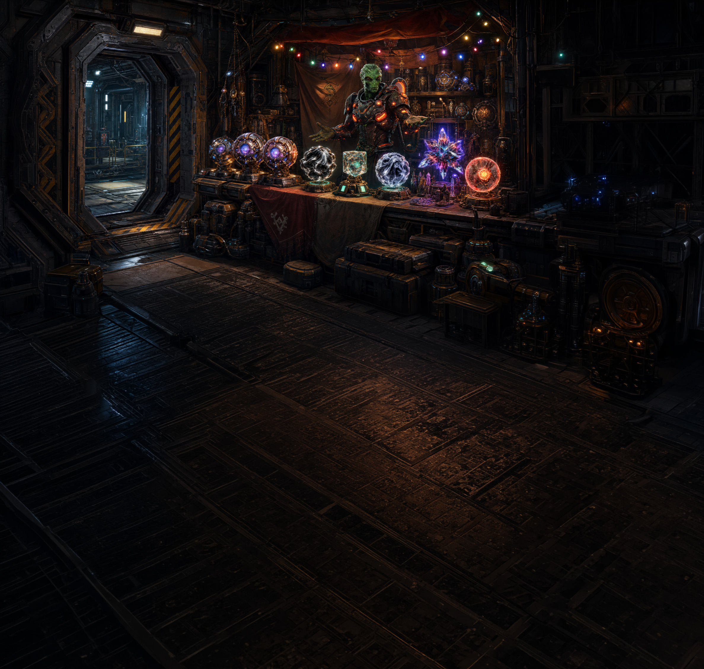 Itinerant merchant counter (Warfare Specialist) in a space hangar: Quantum Keys and glowing cosmic materials on the stall, open door to the corridor